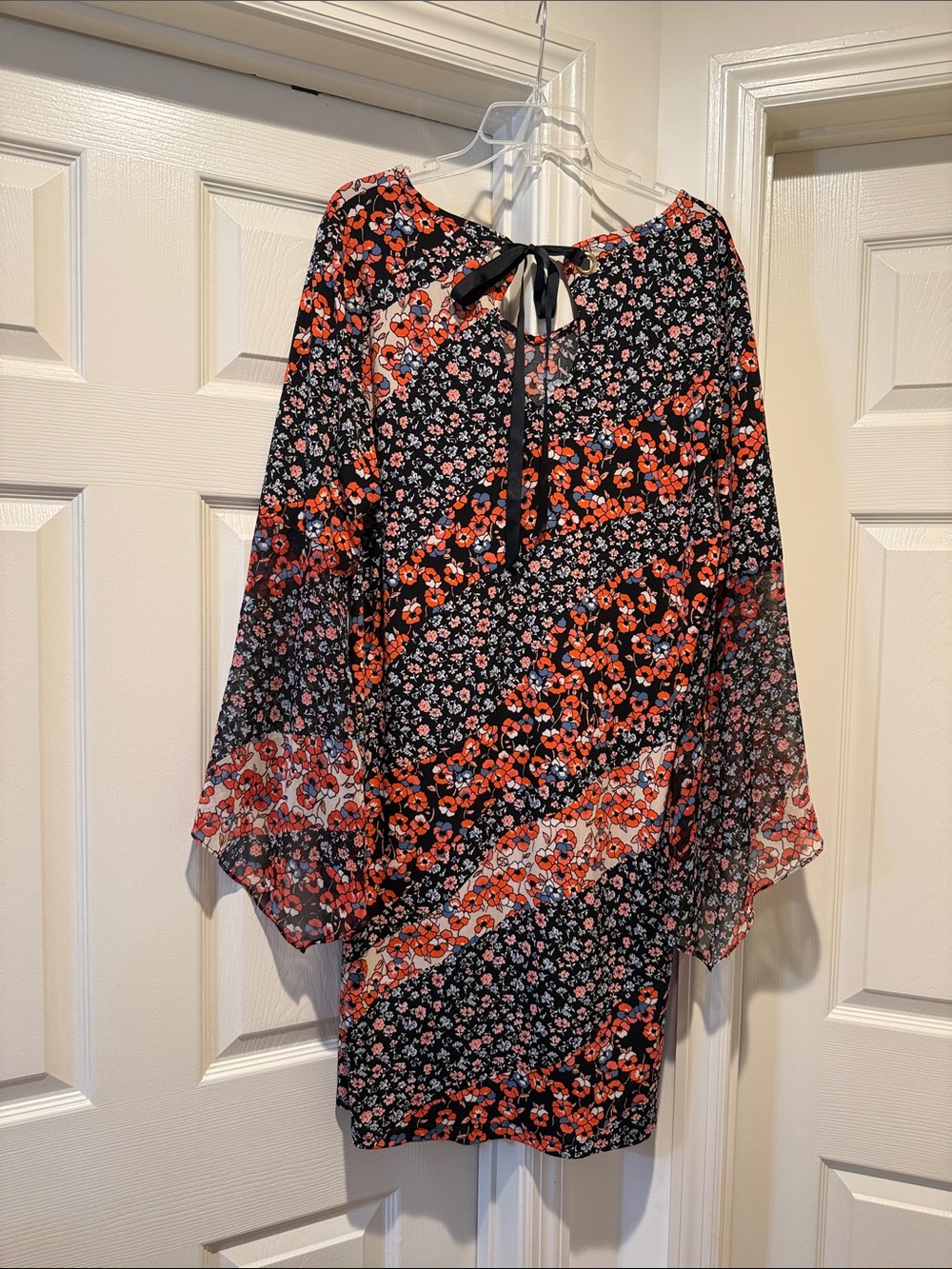 Black Floral Bell-Sleeve TieBack Mini Autumn Boho Gypsy Dark Romance Dress XL - Picture 4 of 10